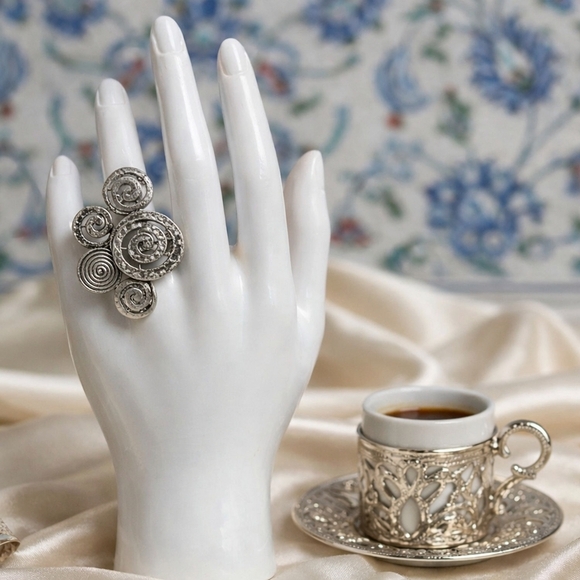 Handmade Turkish Zamak Spiral Statement Ring Boho Chic Adjustable Silver Tone - Picture 5 of 16